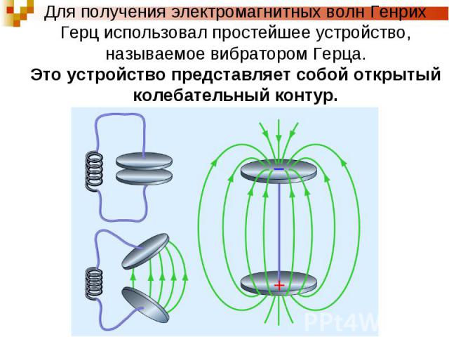 Для получения электромагнитных волн Генрих Герц использовал простейшее устройство, называемое вибратором Герца.Это устройство представляет собой открытый колебательный контур.