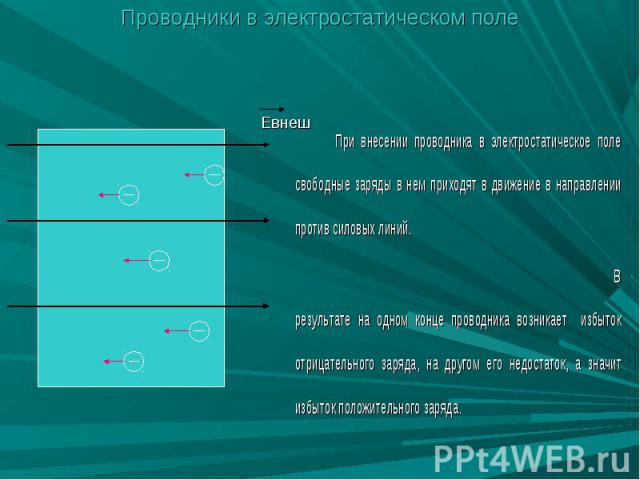 Проводники в электростатическом поле При внесении проводника в электростатическое поле свободные заряды в нем приходят в движение в направлении против силовых линий. В результате на одном конце проводника возникает избыток отрицательного заряда, на …