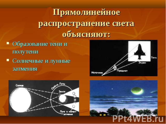 Прямолинейное распространение светаобъясняют: Образование тени и полутениСолнечные и лунные затмения