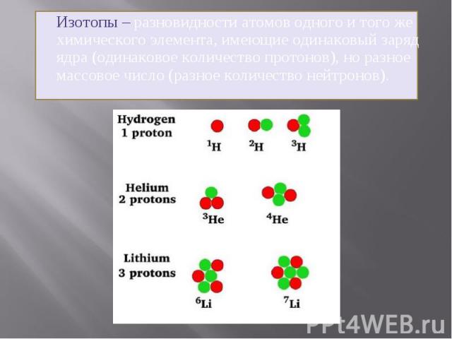 Изотопы – разновидности атомов одного и того же химического элемента, имеющие одинаковый заряд ядра (одинаковое количество протонов), но разное массовое число (разное количество нейтронов).