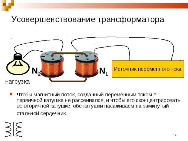 Усовершенствование трансформатора Источник переменного токаЧтобы магнитный поток, созданный переменным током в первичной катушке не рассеивался, и чтобы его сконцентрировать во вторичной катушке, обе катушки насаживаем на замкнутый стальной сердечник.