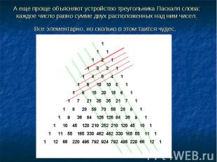 А еще проще объясняют устройство треугольника Паскаля слова: каждое число равно
