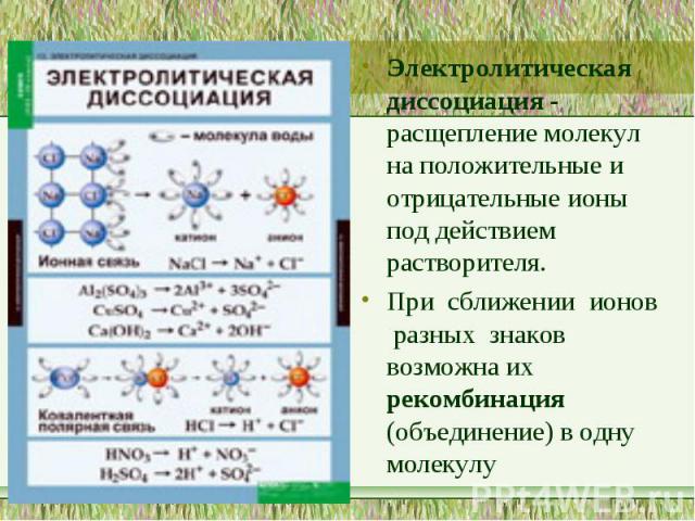 Электролитическая диссоциация - расщепление молекул на положительные и отрицательные ионы под действием растворителя. При сближении ионов разных знаков возможна их рекомбинация (объединение) в одну молекулу