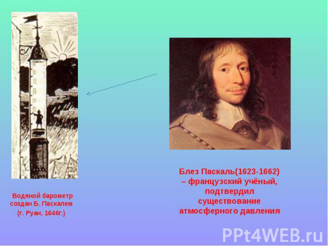 Водяной барометр создан Б. Паскалем (г. Руан, 1646г.) Блез Паскаль(1623-1662) – французский учёный, подтвердил существование атмосферного давления