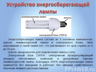 Устройство энергосберегающей лампы Энергосберегающая лампа состоит из 3 основных