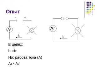 Опыт В цепях:I1 =I2Но: работа тока (А)А1 