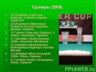 Турниры 2008г. 14-15 марта «Гран-при Евразии. 1 этап» Бишкек, Киргизия24-25 апре