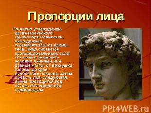Пропорции лица Согласно утверждению древнегреческого скульптора Поликлета, лицо