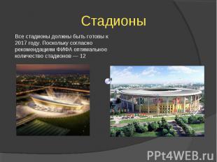 Стадионы Все стадионы должны быть готовы к 2017 году. Поскольку согласно рекомен