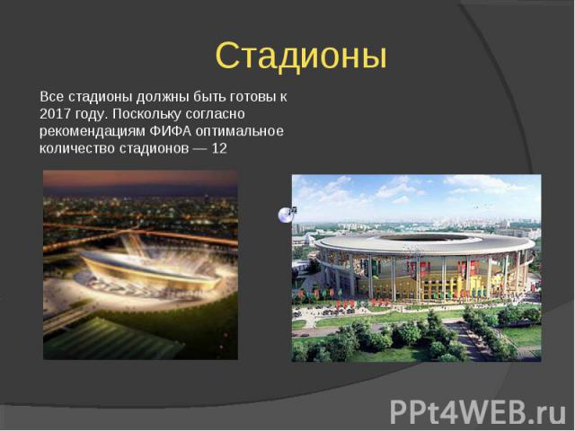 Стадионы Все стадионы должны быть готовы к 2017 году. Поскольку согласно рекомендациям ФИФА оптимальное количество стадионов — 12