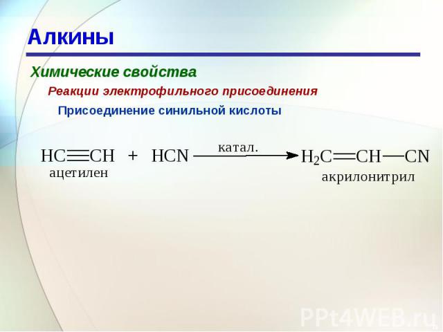 Алкины Химические свойстваРеакции электрофильного присоединенияПрисоединение синильной кислоты