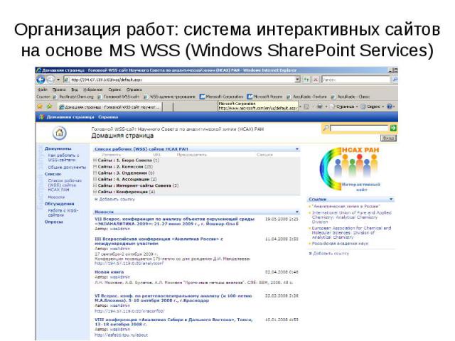 Организация работ: cистема интерактивных сайтов на основе MS WSS (Windows SharePoint Services)