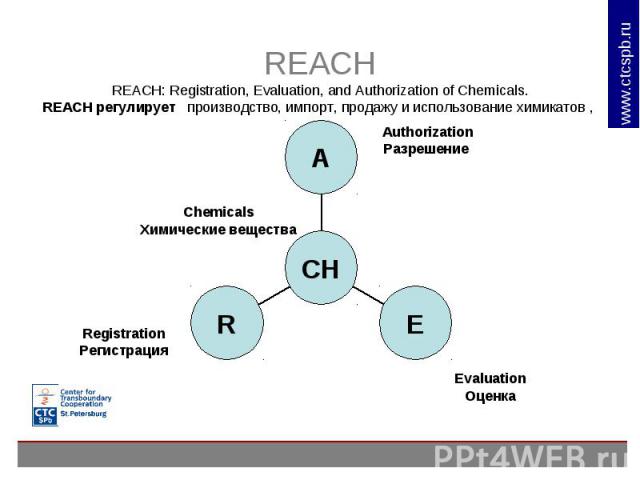 REACHREACH: Registration, Evaluation, and Authorization of Chemicals.REACH регулирует производство, импорт, продажу и использование химикатов ,