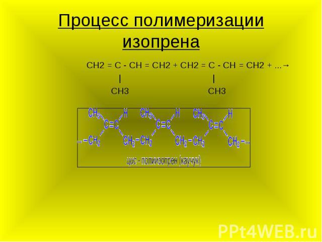 Процесс полимеризации изопрена CH2 = C - CH = CH2 + CH2 = C - CH = CH2 + ...→ | | CH3 CH3