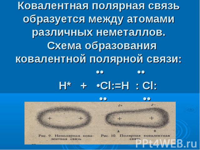Ковалентная полярная связь образуется между атомами различных неметаллов. Схема образования ковалентной полярной связи: •• •• H* + •Cl:=H : Cl: •• ••