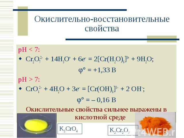 Окислительно-восстановительные свойства рН < 7: Cr2O72 + 14H3O+ + 6e = 2[Cr(H2O)6]3+ + 9H2O; = +1,33 ВрН > 7: CrO42 + 4H2O + 3e = [Cr(OH)6]3 + 2 OH; = – 0,16 ВОкислительные свойства сильнее выражены в кислотной среде