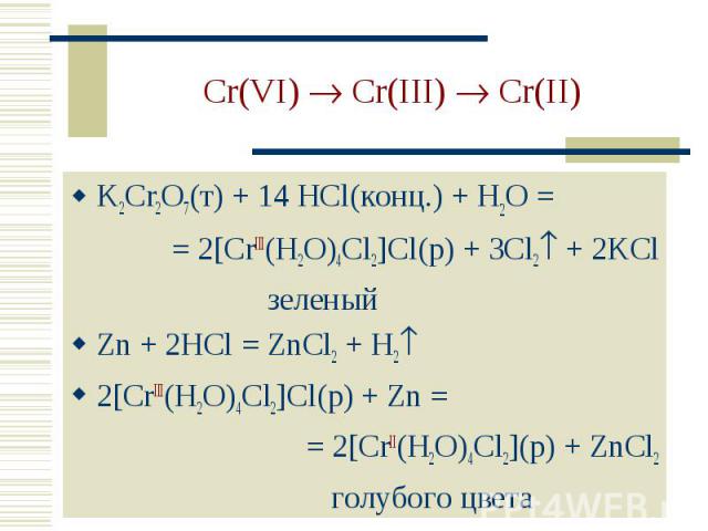 Cr(VI) Cr(III) Cr(II) K2Cr2O7(т) + 14 HCl(конц.) + H2O = = 2[CrIII(H2O)4Cl2]Cl(р) + 3Cl2 + 2KCl зеленыйZn + 2HCl = ZnCl2 + H22[CrIII(H2O)4Cl2]Cl(р) + Zn = = 2[CrII(H2O)4Cl2](р) + ZnCl2 голубого цвета