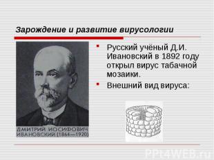 Зарождение и развитие вирусологии Русский учёный Д.И. Ивановский в 1892 году отк