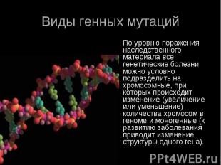 Виды генных мутаций По уровню поражения наследственного материала все генетическ