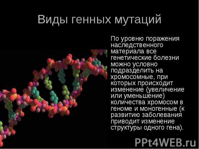 Виды генных мутаций По уровню поражения наследственного материала все генетические болезни можно условно подразделить на хромосомные, при которых происходит изменение (увеличение или уменьшение) количества хромосом в геноме и моногенные (к развитию …