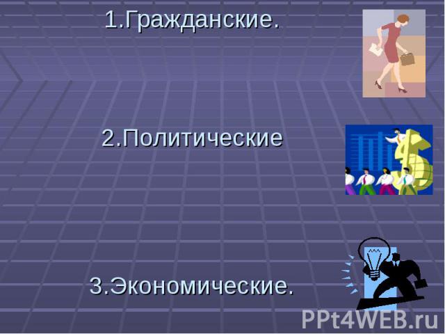 1.Гражданские.2.Политические 3.Экономические.