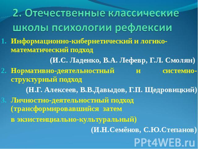 2. Отечественные классические школы психологии рефлексии Информационно-кибернетический и логико-математический подход (И.С. Ладенко, В.А. Лефевр, Г.Л. Смолян) Нормативно-деятельностный и системно-структурный подход (Н.Г. Алексеев, В.В.Давыдов, Г.П. …