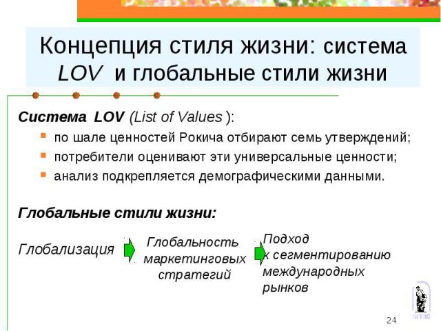 Концепция стиля жизни: система LOV и глобальные стили жизни Система LOV (List of Values ):по шале ценностей Рокича отбирают семь утверждений;потребители оценивают эти универсальные ценности;анализ подкрепляется демографическими данными.Глобальные ст…