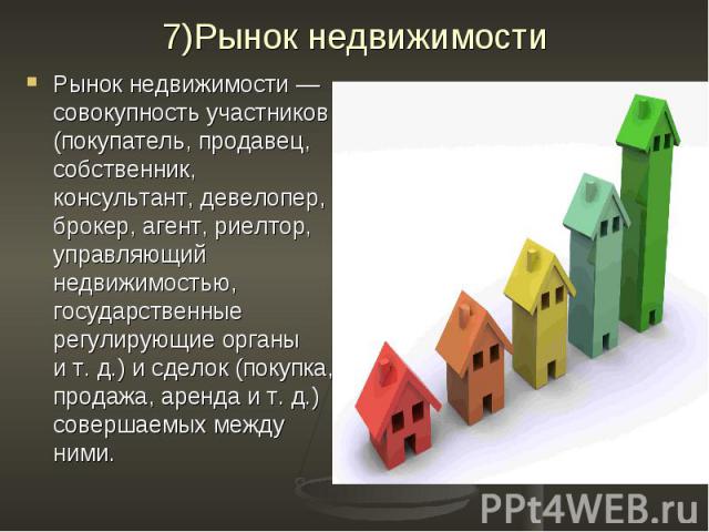7)Рынок недвижимости Рынок недвижимости — совокупность участников (покупатель, продавец, собственник, консультант, девелопер, брокер, агент, риелтор, управляющий недвижимостью, государственные регулирующие органы и т. д.) и сделок (покупка, продажа,…
