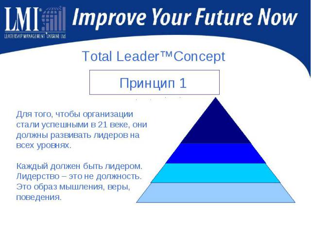 Total Leader™Concept Для того, чтобы организации стали успешными в 21 веке, они должны развивать лидеров на всех уровнях.Каждый должен быть лидером. Лидерство – это не должность. Это образ мышления, веры, поведения.