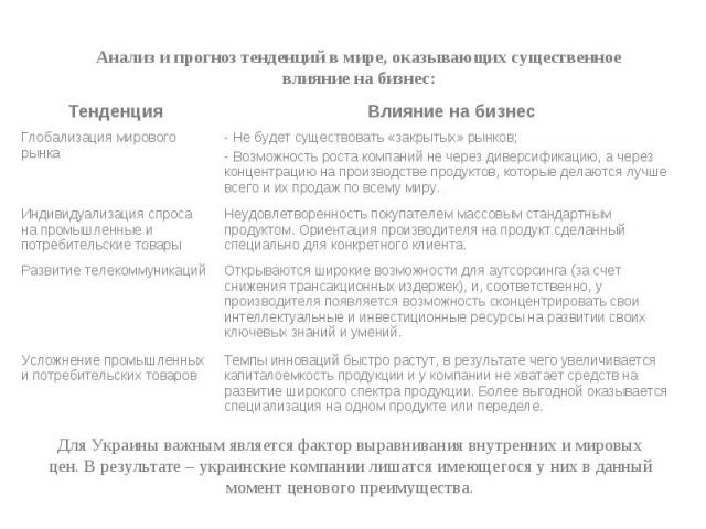 Анализ и прогноз тенденций в мире, оказывающих существенное влияние на бизнес: Для Украины важным является фактор выравнивания внутренних и мировых цен. В результате – украинские компании лишатся имеющегося у них в данный момент ценового преимущества.