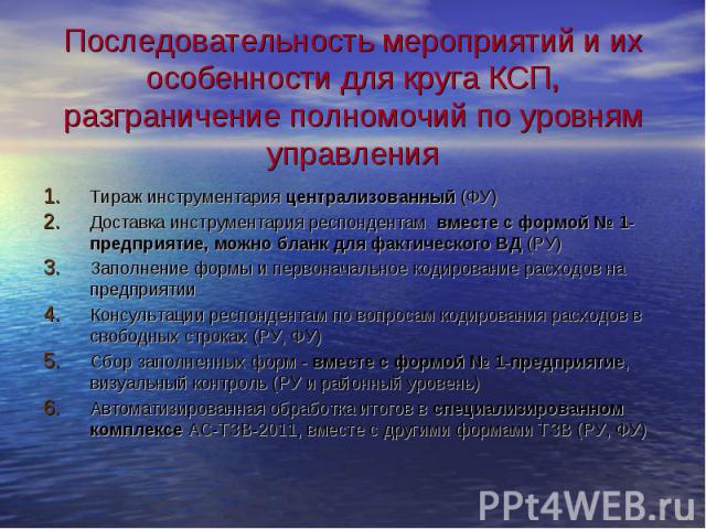 Последовательность мероприятий и их особенности для круга КСП, разграничение полномочий по уровням управления Тираж инструментария централизованный (ФУ)Доставка инструментария респондентам вместе с формой № 1-предприятие, можно бланк для фактическог…