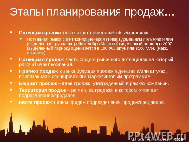Этапы планирования продаж… Потенциал рынка: показывает возможный объем продаж…Потенциал рынка сплит-кондиционеров (товар) домашним пользователям (выделенная группа потребителей) в Москве (выделенный регион) в 2007 (выделенный период) оценивается в 1…