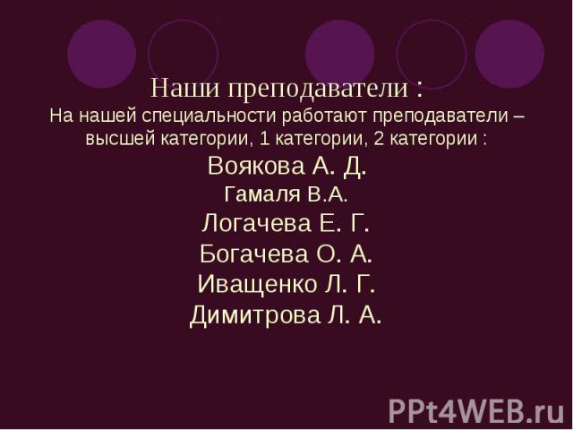 Наши преподаватели :На нашей специальности работают преподаватели – высшей категории, 1 категории, 2 категории :Воякова А. Д.Гамаля В.А.Логачева Е. Г.Богачева О. А.Иващенко Л. Г.Димитрова Л. А.