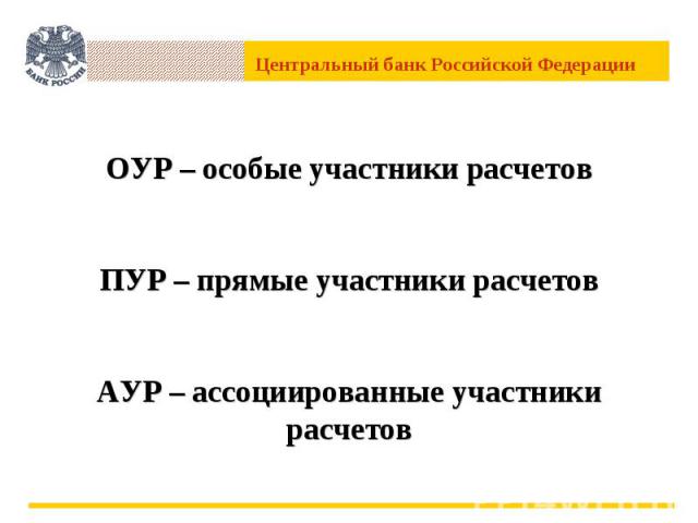 ОУР – особые участники расчетовПУР – прямые участники расчетовАУР – ассоциированные участники расчетов