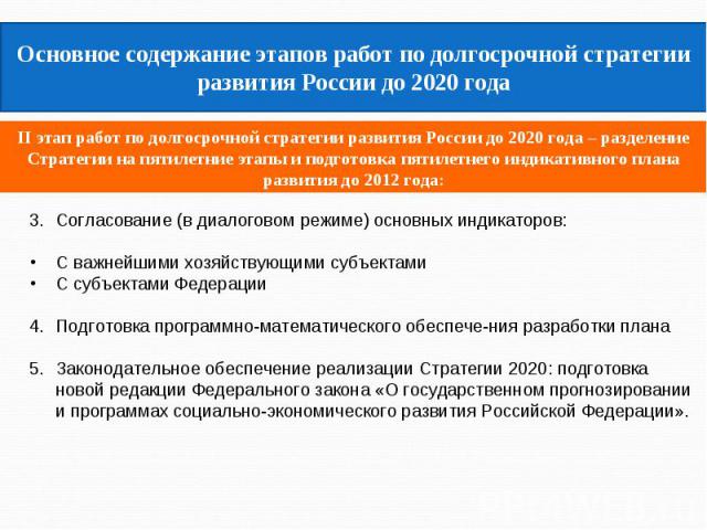 Основное содержание этапов работ по долгосрочной стратегии развития России до 2020 годаII этап работ по долгосрочной стратегии развития России до 2020 года – разделение Стратегии на пятилетние этапы и подготовка пятилетнего индикативного плана разви…