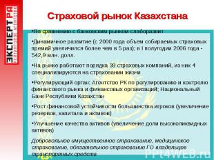 Страховой рынок Казахстана По сравнению с банковским рынком слаборазвитДинамично
