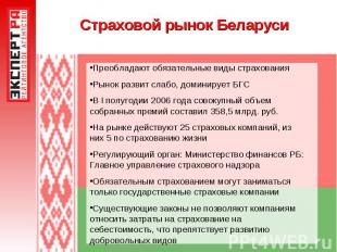 Страховой рынок Беларуси Преобладают обязательные виды страхованияРынок развит с