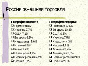 Россия :внешняя торговля География экспортаГермания 8%Украина 7,7%США 7,1%Белару