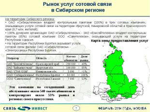 Рынок услуг сотовой связи в Сибирском регионеНа территории Сибирского региона: О