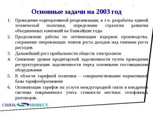 Основные задачи на 2003 год Проведение корпоративной реорганизации, в т.ч. разра