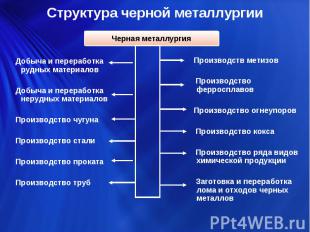 Структура черной металлургии Добыча и переработка рудных материалов Добыча и пер