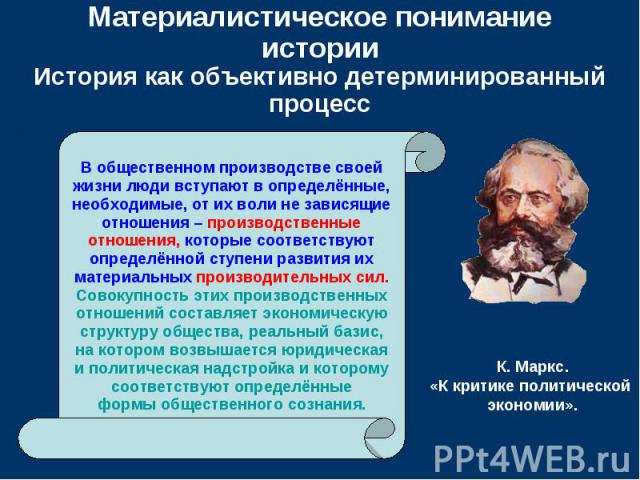 Материалистическое понимание историиИстория как объективно детерминированный процесс В общественном производстве своейжизни люди вступают в определённые,необходимые, от их воли не зависящиеотношения – производственныеотношения, которые соответствуют…