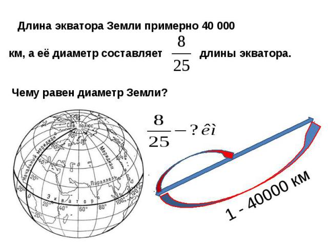 Длина экватора Земли примерно 40 000 км, а её диаметр составляет длины экватора. Чему равен диаметр Земли?