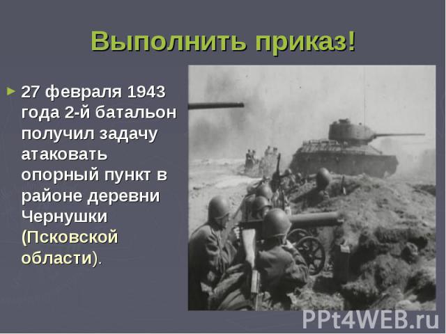 Выполнить приказ! 27 февраля 1943 года 2-й батальон получил задачу атаковать опорный пункт в районе деревни Чернушки (Псковской области).