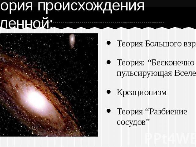 Теория Большого взрываТеория: “Бесконечно пульсирующая Вселенная”КреационизмТеория “Разбиение сосудов”