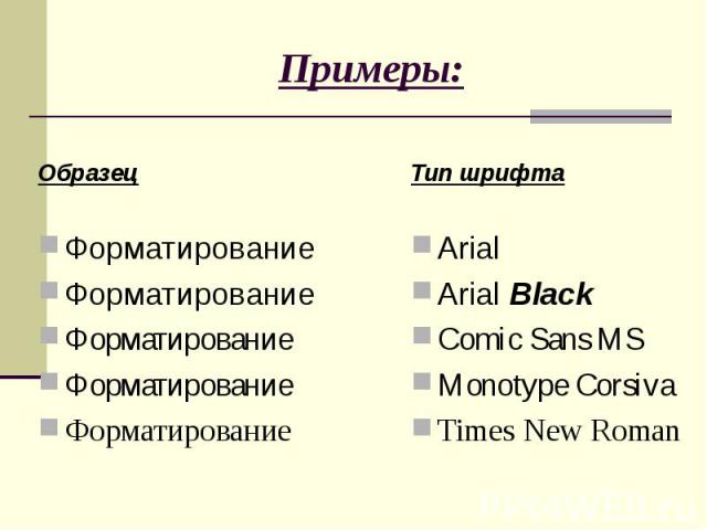 ОбразецФорматированиеФорматированиеФорматированиеФорматированиеФорматированиеТип шрифтаArialArial BlackComic Sans MSMonotype CorsivaTimes New Roman