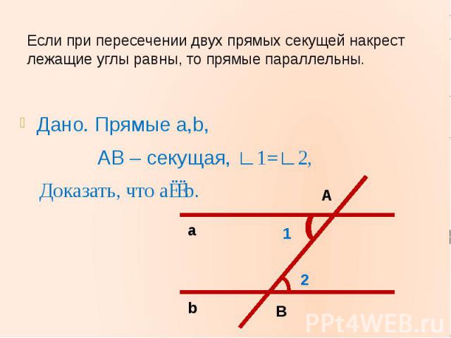 Если при пересечении двух прямых секущей накрест лежащие углы равны, то прямые параллельны.Дано. Прямые a,b, AB – секущая, ∟1=∟2, Доказать, что a∣∣b.