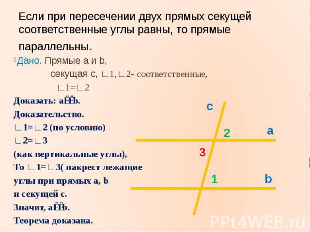 Если при пересечении двух прямых секущей соответственные углы равны, то прямые параллельны.Дано. Прямые a и b, секущая c, ∟1,∟2- соответственные, ∟1=∟2Доказать: a∣∣b.Доказательство.∟1=∟2 (по условию)∟2=∟3 (как вертикальные углы),То ∟1=∟3( накрест ле…