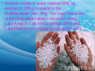 Mineral content in water reaches 33%, an average of 28% (compared to the Mediter