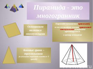 Пирамида - это многогранник Пирамида называется правильной, если в основании леж